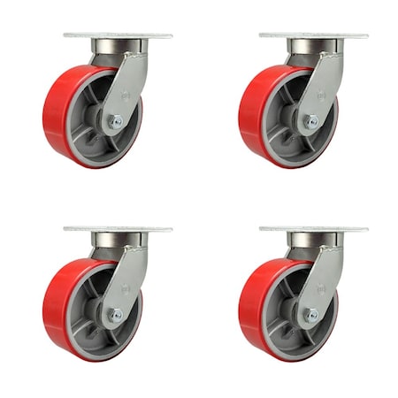 Service Caster 8'' Heavy Duty Red Poly on Cast Iron Swivel Caster Set with 2 Swivel Locks, 4PK CRAN-SCC-KP92S830-PUR-RS-BSL-2-S-2